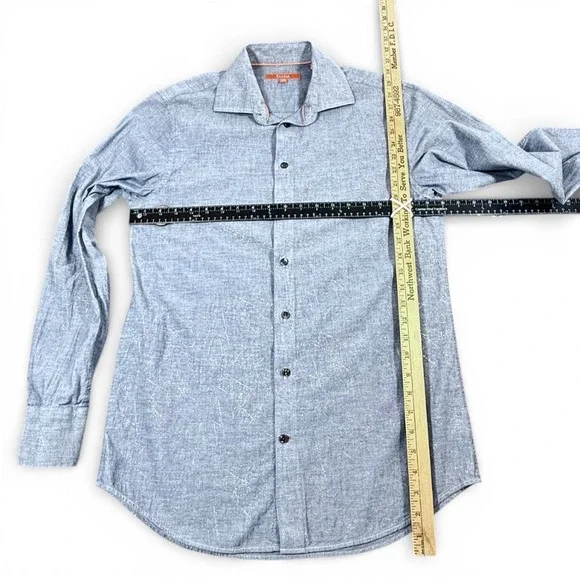Tallia Men M Chambray Button Down Shirt Blue Subtle Gold Metallic 15.5 34/35 Mod - Picture 9 of 14